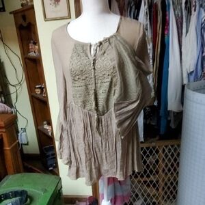 Rebellion BOHO Taupe Lace Accent Blouse